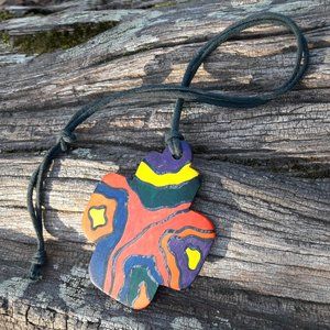 Vintage Necklace Wooden Artist Art Deco Cross